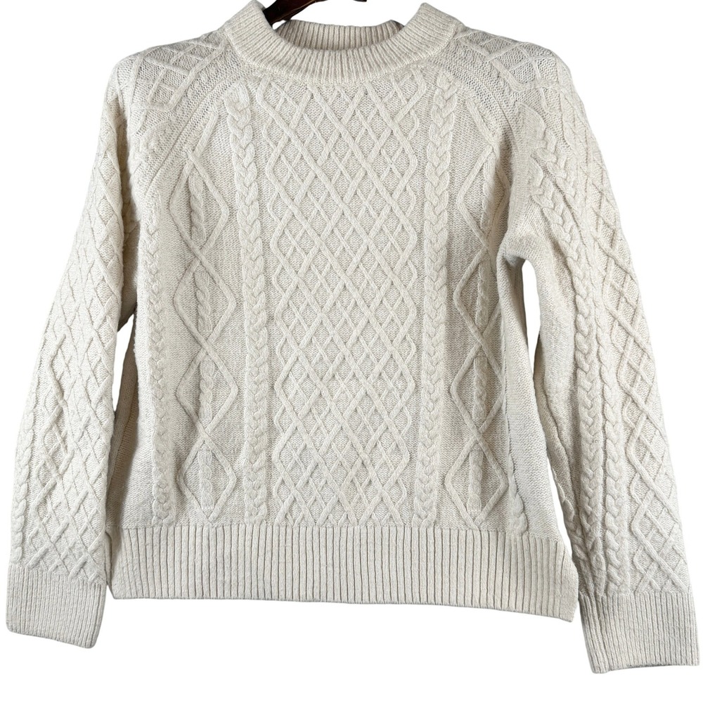 H&M Women's XS Cream Fisherman Cable Knit Sweater Wool Blend Textured Crewneck
